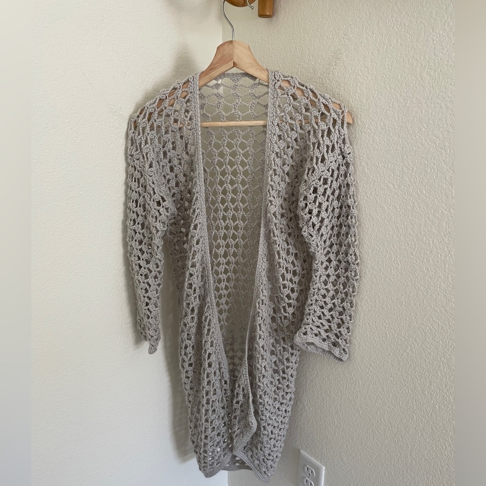Vintage Crochet gray handmade long open cardigan size XS/S boho grandmacore